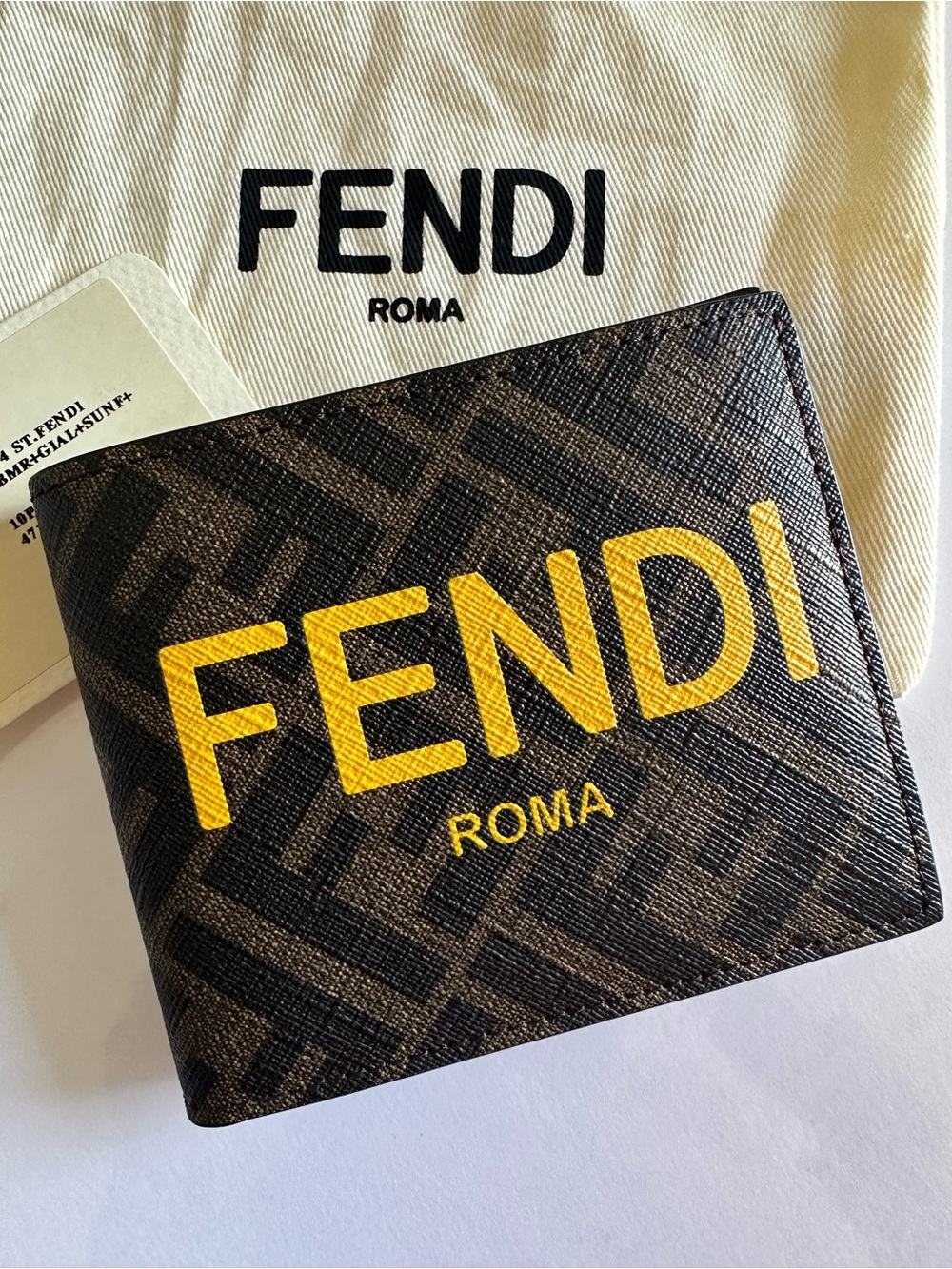 Fendi Roma FF Monogram Yellow Logo Bifold Wallet NWT Dust Bag